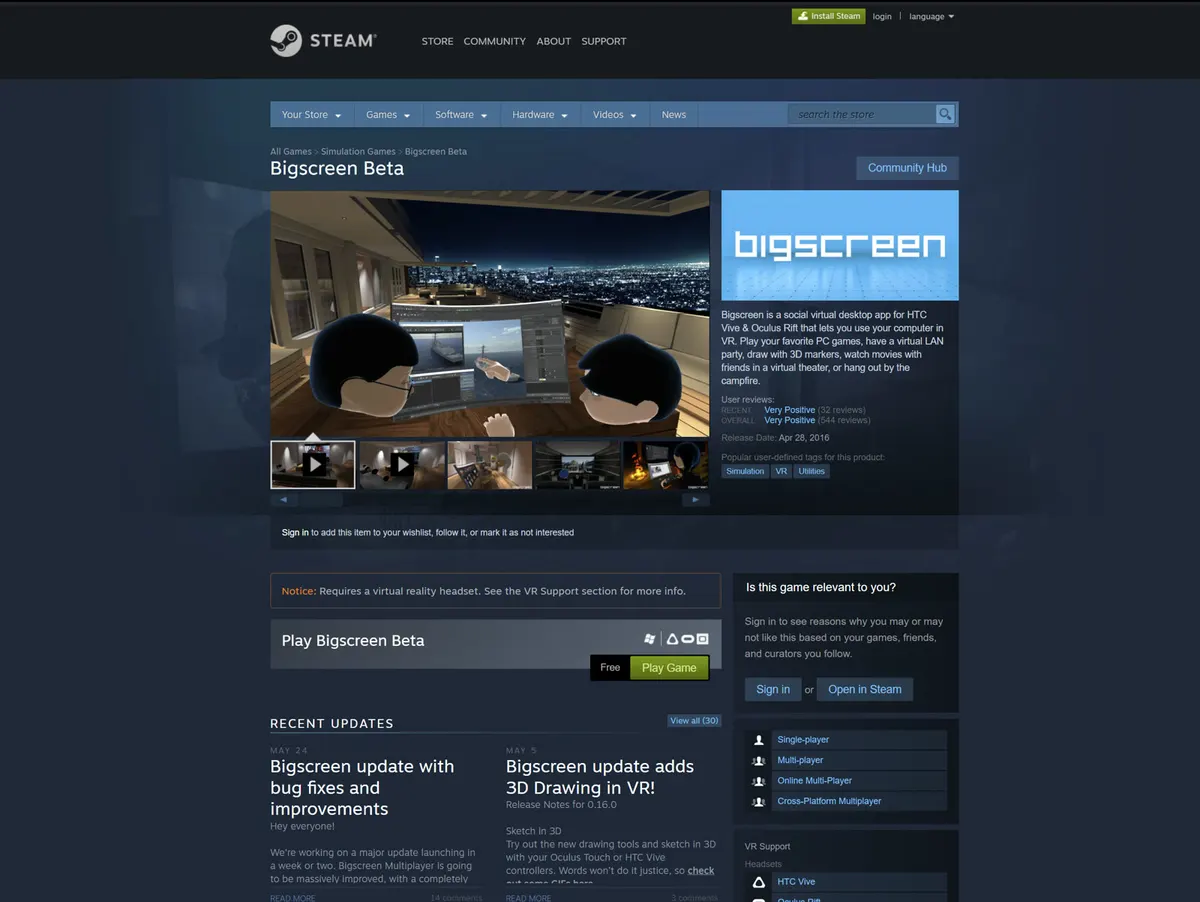 The original Bigscreen Beta store page on Steam