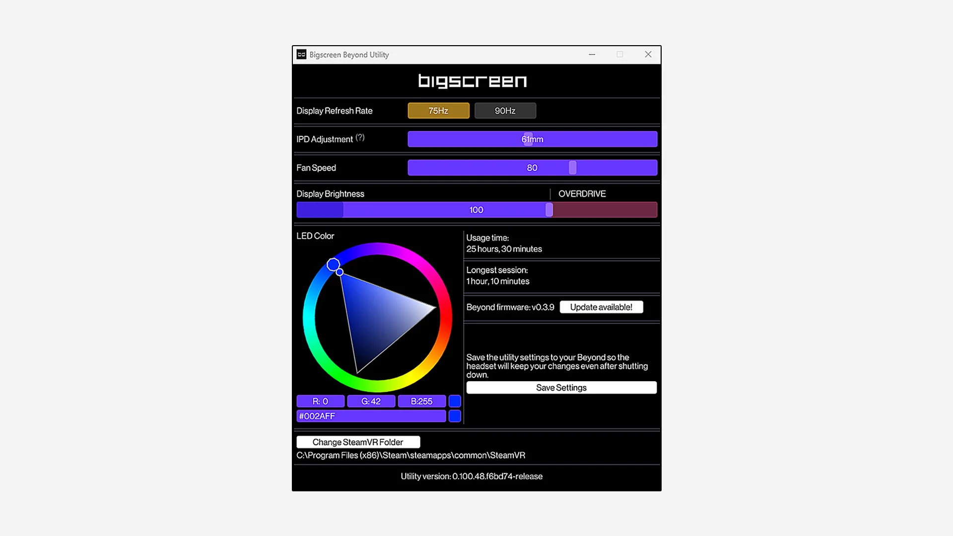 Bigscreen Beyond Utility app with refresh rate, IPD, brightness, and LED color controls