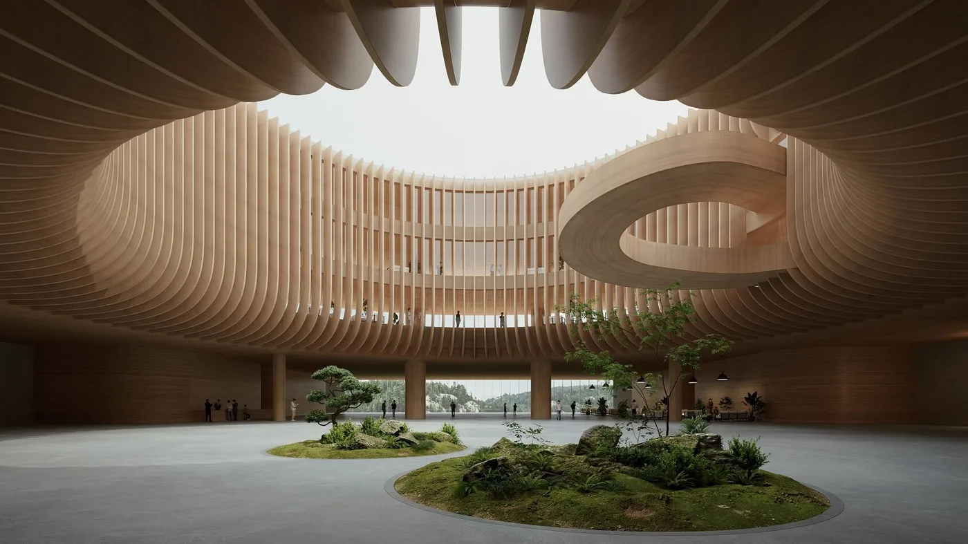 Curved timber architecture interior rendering