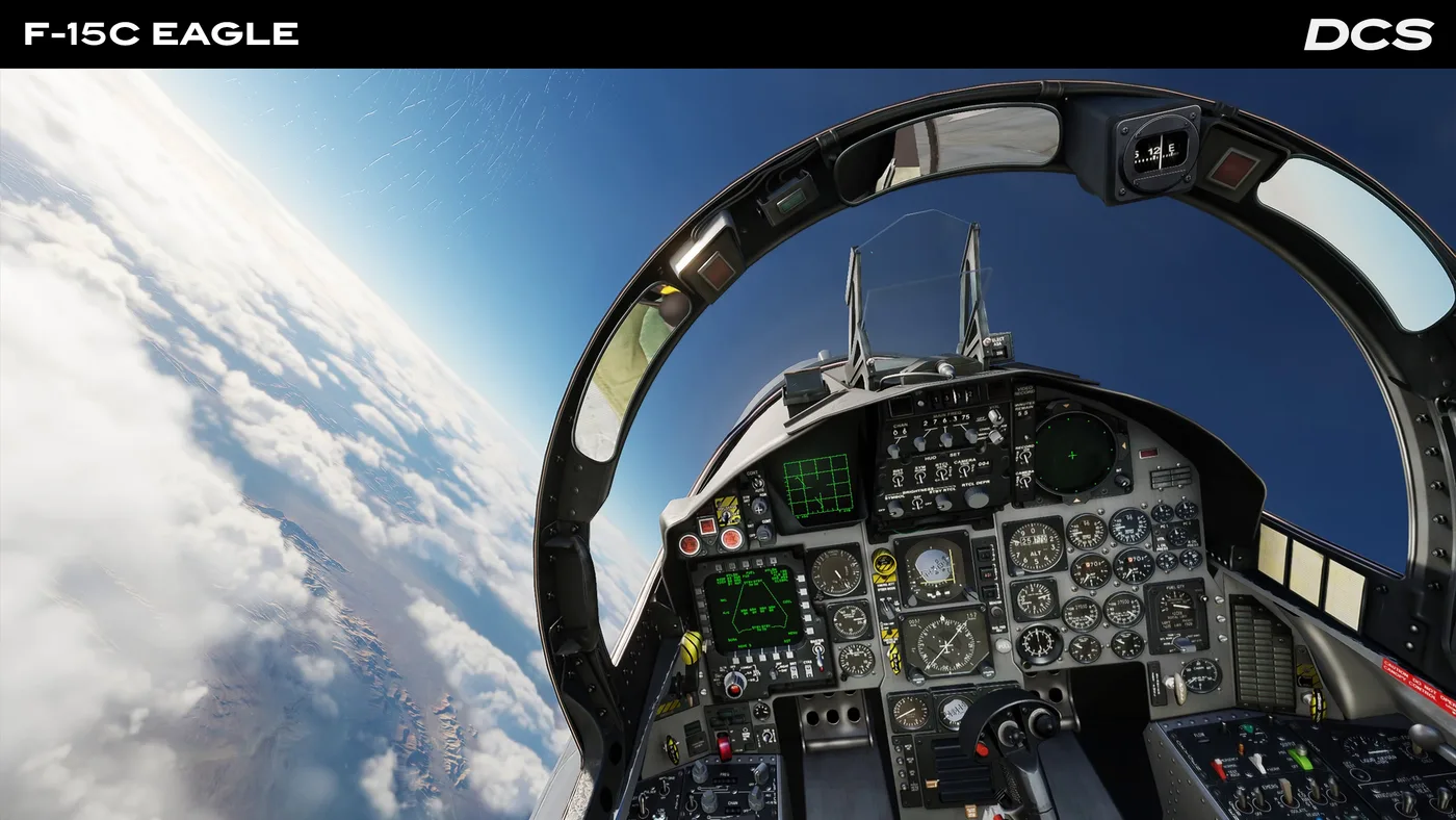 Fighter jet cockpit view above the clouds