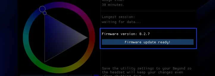 The Beyond Utility showing Firmware version 0.2.7 and a Firmware update ready notification