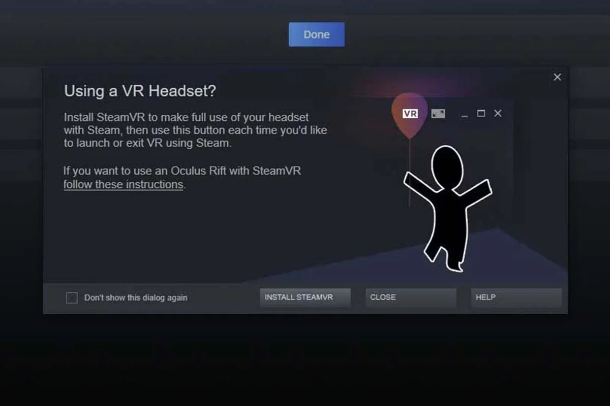 Steam's Using a VR Headset? dialog with the Install SteamVR button